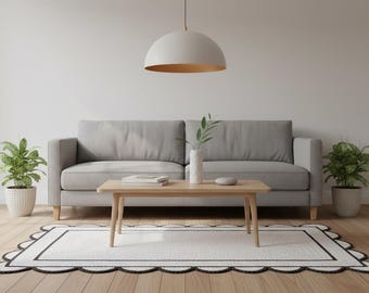 Handmade White Cotton Rug – Boho Minimalist Area Rug, Modern Living Room Floor Mat, Scalloped Edge Accent Rug