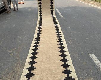 Handwoven Wool Jute Kilim Runner Rug – Natural Boho Hallway & Stair Runner – Large Rustic Corridor Carpet UK