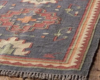 Handwoven Wool Jute Kilim Rug: Dark Brown & Red Vintage Turkish Design