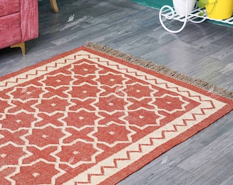 Handmade Red Kilim Dhurrie Rug: Wool & Jute, Traditional Indian