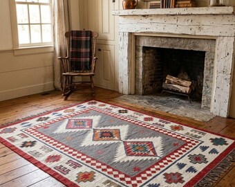 Handmade Wool Jute Kilim Rug, Flatweave Area Rug, Boho Tribal Rug, Natural Farmhouse Carpet, Custom Size Rug