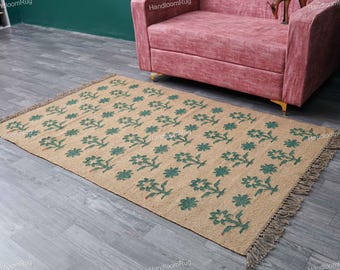 Handmade Jute Kilim Rug Teal Floral Pattern Handwoven Boho Dhurrie Natural Fiber Eco Friendly Living Room Carpet
