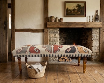 Handloom Rug- Handmade Wool Jute Kilim Bench, Boho Entryway Bench, Rustic Wooden Bench, Upholstered Kilim Seat, Farmhouse Home Decor
