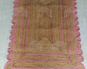Pink Scalloped Jute Rug - Runner Rug, Door Mat, Handcrafted Rug, Stair Runner, Rattan Rugs, Rugs Gift, Christmas Door, Custom Rugs