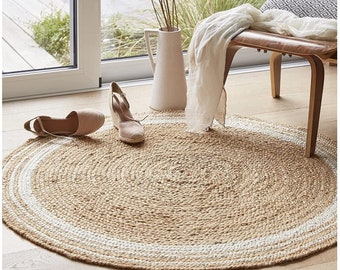 Round White Border Natural Jute Rug Natural Fiber Vintage Rug Handmade Handwoven Braided Indian Area Floor Rug Eco Rug Bohemian Rug