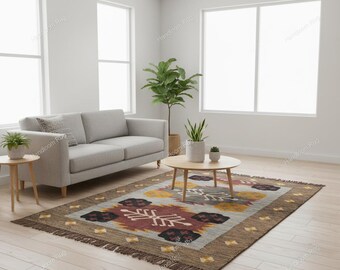 Handwoven Wool Jute Kilim Rug Large Indian Dhurrie with Traditional Motifs Boho Farmhouse Living Room Decor