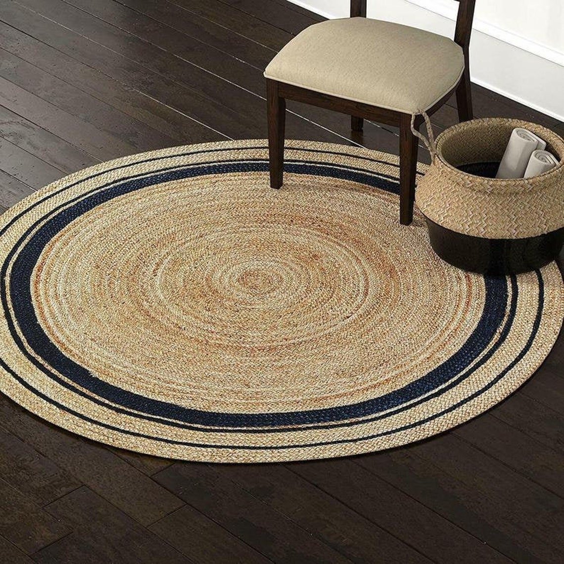 4x4 5x5 6x6 7x7 Jute Natural Round Rug With Black Border Etsy UK