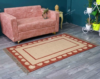 Jute Wool Rug Boho Rug Minimalist Border Dhurrie Rug Handmade Natural Fiber Living Room Rug