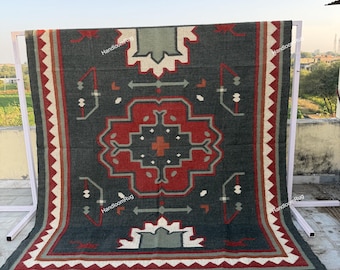 Traditional Handwoven, Kilim Rug, Wool and Jute Rug Handmade, Kilim Dhurrie Rug, Indian jute Area rug 8x10,Vintage Kilim Rug