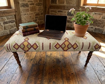 Handmade Kilim Bench - Upholstered Southwestern Wood Bench, Boho Entryway Seating, Rustic Tribal Pattern Ottoman, Turkish Style Bench