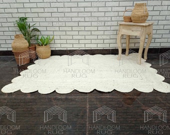 Scalloped Jute Rug: White Boho Decor, Custom Size Rug