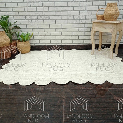 Scalloped Jute Rug Light Blue Jute Scallop Boho Decor Etsy