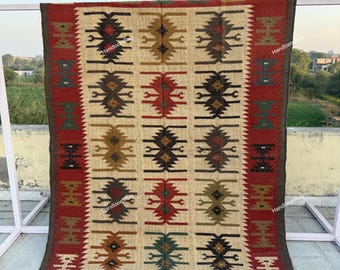 Handwoven Multicolor Rug, Handmade Flatweave Wool Jute Dhurrie Rug, Southwestern Home Decor, Traditional Indian Jute Kilim, Custom Area Rug