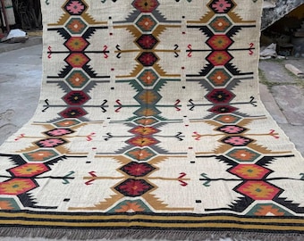 Handwoven Wool Jute Kilim Rug – Bohemian Geometric Area Rug, Tribal Vintage Carpet, Handmade Flatweave Floor Decor, Natural Fiber Runner