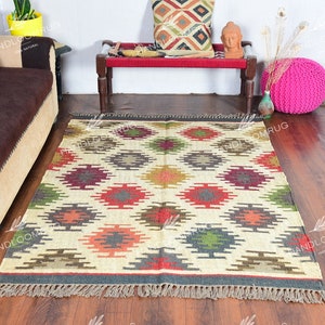 Handwoven Wool Jute Kilim Rug: Traditional Indian Dhurrie