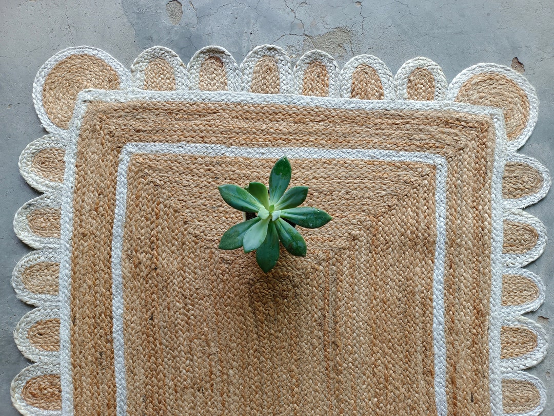 Scallop Jute Rug, Natural Jute Wavy Edge Rug, Boho Decor Area Rug