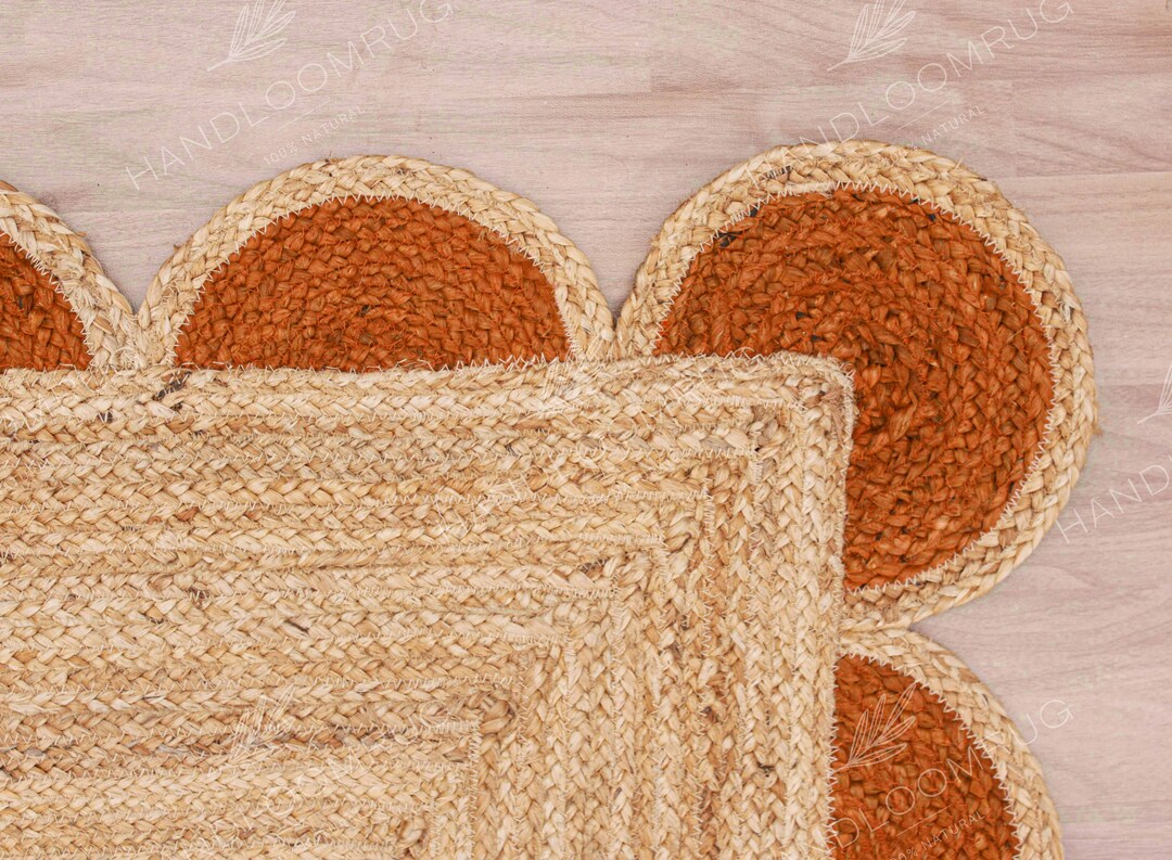 6x6 8x8 Ft. Natural Hand Made Jute Scalloped Rug Bohemian Etsy