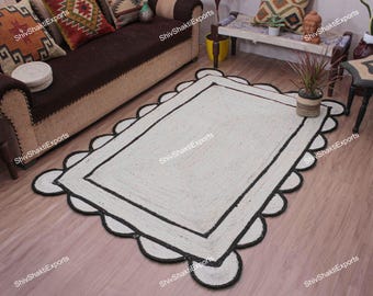 Handgemaakt geschulpt jute vloerkleed, natuurlijk wit gevlochten vloerkleed, omkeerbaar milieuvriendelijk handgeweven tapijt