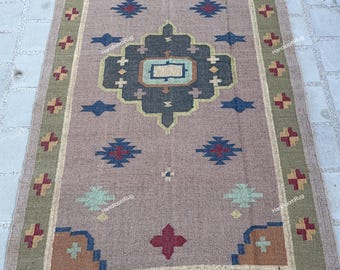 Kilim Rug Handwoven Wool & Jute Dhurrie, Traditional Indian Area Rug, Durable Handmade Floor Decor, Boho Bohemian Accent Carpet