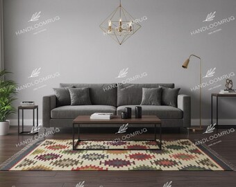 Handmade Wool & Jute Kilim Rug with Stunning Colors – Traditional Indian Dhurrie with Vibrant Patterns