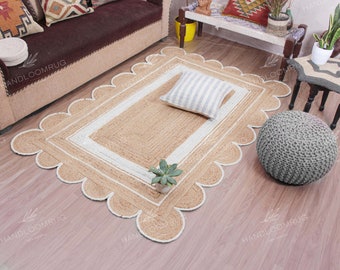 Scalloped Jute Rug | Bohemian Handwoven Natural Area Rug | Custom Boho Decor | Decorative Scallop Design