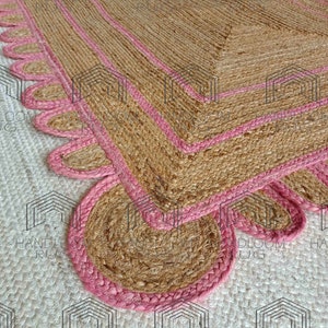 Hand-Braided Jute Rug: Pink Scalloped Runner, Custom Size
