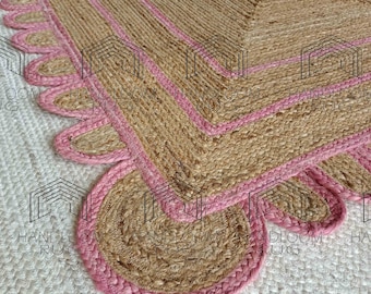 Pink Scalloped Jute Rug, Scallop Rug, Natural Jute Rug, Handbraided Rug, Large Area Rug, Handwoven Jute Rug, Custom Size Rug, Decorative Rug