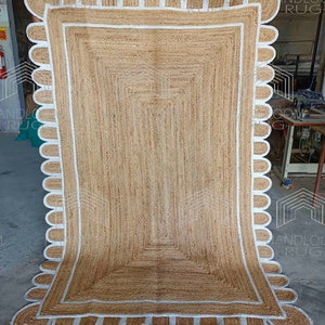 Scallop Jute Rug | Handwoven White Scalloped Design | Bohemian Runner & Doormat | Custom Options for Boho Decor