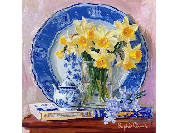 grandmillennial art, Spring Daffodils and blue and white ceramics,  oil painting