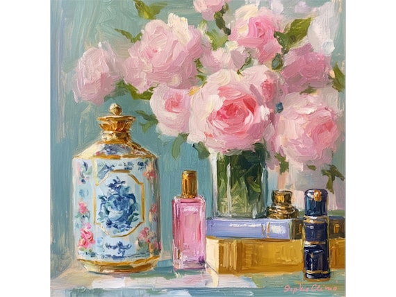 Floral Still Life Giclée Print: Roses, Perfume Bottles, Vintage Art by Sophie Clima