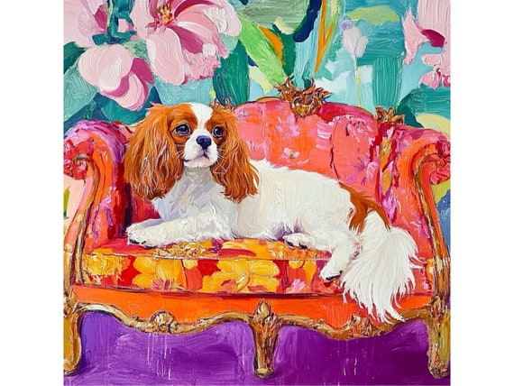 Grandmillennial art, King Charles Spaniel on orange daybed, whimsical dogs art