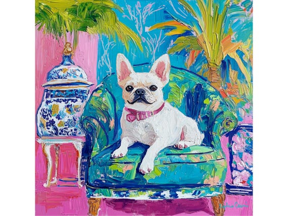 Grandmillennial art, Preppy French Bulldog on Turquoise chair, whimsical dogs art