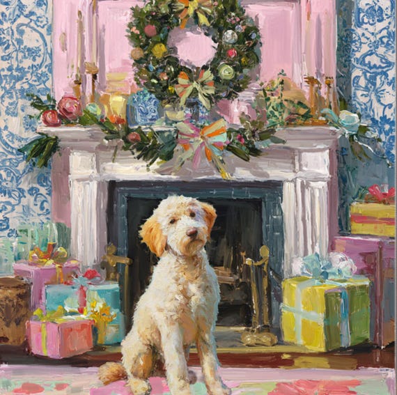 Christmas Labradoodle waiting to open a present, Christmas cheer giclee print
