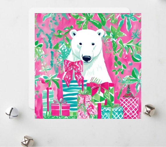 Holiday Christmas card: preppy Polar bear and Christmas presents