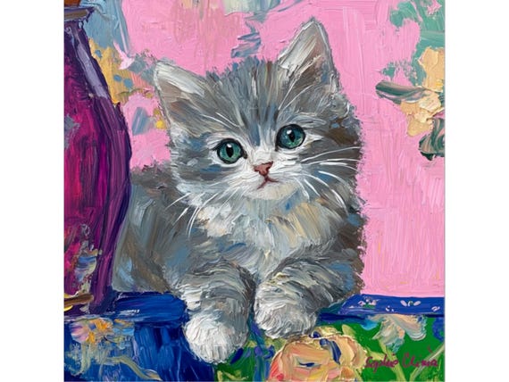 Whimsical Siberian Kitten Art Print: Grandmillennial Decor