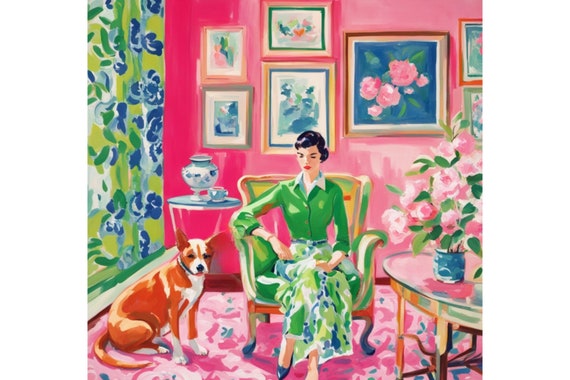 Grandmillennial art, Girl and her ginger dog in pink and green interior, whimsical watercolor