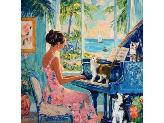 Whimsical Cats at Piano Art Print: Grandmillennial Decor