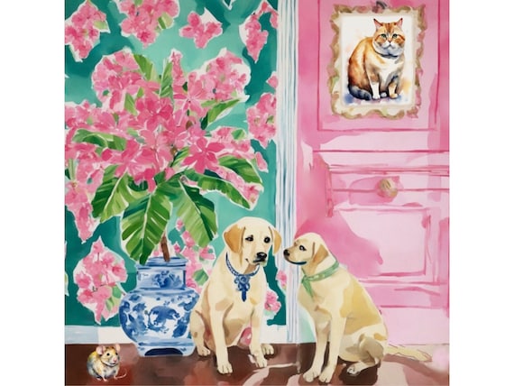 Grandmillennial art, They brought a cat home, preppy whimsical watercolor