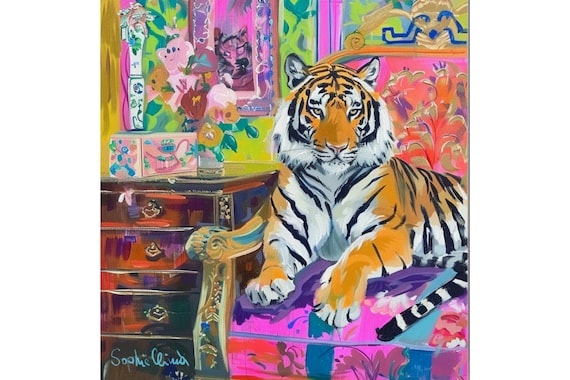 Tiger in chinoiserie interior, whimsical interior painting