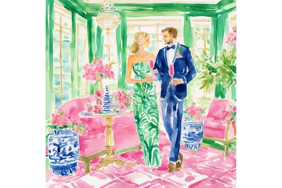 Grandmillennial art, Let’s Party, glam couple art