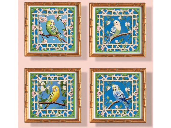 Budgie Watercolor Prints: Chinoiserie Lattice Art, Set of 4