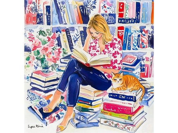 Grandmillennial art, In The Library, whimsical watercolor and pen sketch