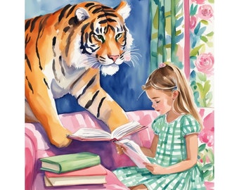 Grandmillennial art, The tiger ate my homework, children illustration watercolor