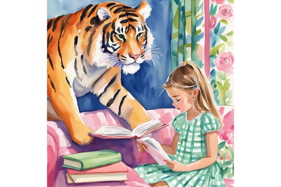 Grandmillennial art, The tiger ate my homework, children illustration watercolor