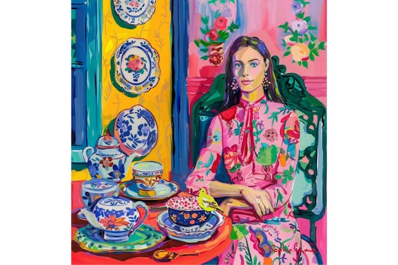 Grandmillennial art, Tea time with yellow bird, whimsical fine art