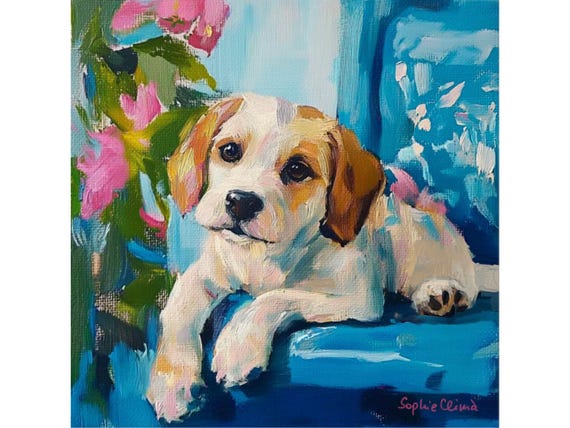 Grandmillennial art, Puppy Portrait, whimsical dogs art