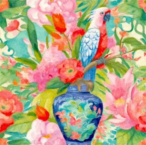Grandmillennial art, Parrot and flowers in blue and white chinoiserie jar, watercolor painting