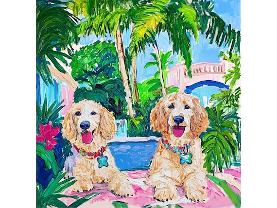 Grandmillennial art, Labrador Retrievers in Palm Beach , whimsical fine art