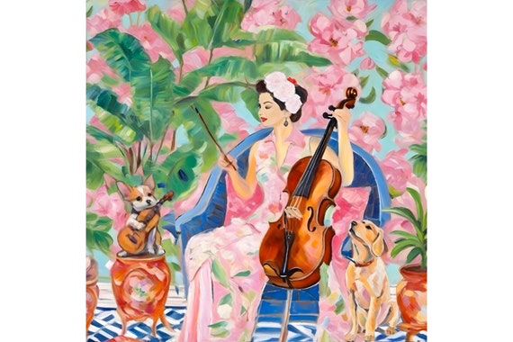 Grandmillennial Giclée Print: Woman with Cello and Dogs