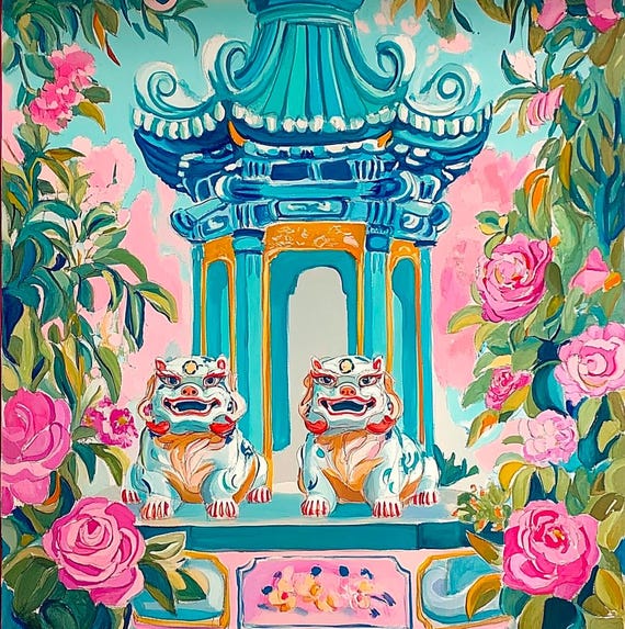 Grandmillennial art, Foo dogs in preppy chinoiserie pagoda garden art print